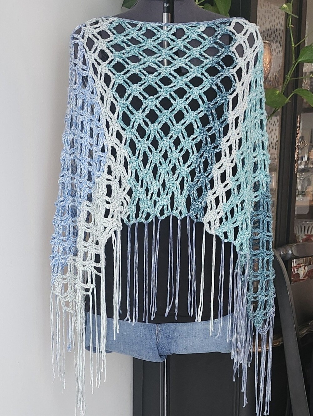 Open Knit Fringe Poncho Sweater - Ombre Blue-Green Handmade Shawl